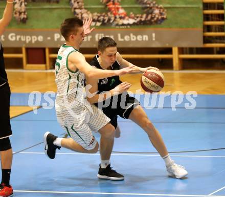 Basketball 2. Bundesliga. Play Down 1. Runde. KOS Celovec gegen   	Deutsch Wagram Alligators. Andi Smrtnik,  (KOS), Lukas Reichle (Deutsch Wagram). Klagenfurt, am 16.3.2019.
Foto: Kuess
---
pressefotos, pressefotografie, kuess, qs, qspictures, sport, bild, bilder, bilddatenbank