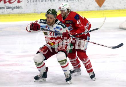 EBEL. Eishockey Bundesliga. KAC gegen	HCB Suedtirol Alperia. Johannes Bischofberger (KAC), Daniel Glira (Bozen). Klagenfurt, am 17.3.2019.
Foto: Kuess

---
pressefotos, pressefotografie, kuess, qs, qspictures, sport, bild, bilder, bilddatenbank