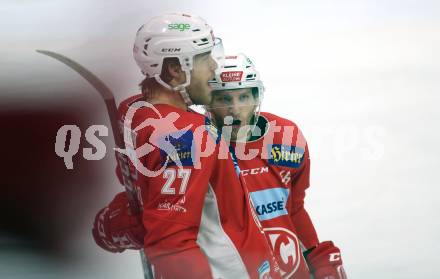 EBEL. Eishockey Bundesliga. KAC gegen	HCB Suedtirol Alperia. Torjubel Thomas Hundertpfund, Johannes Bischofberger (KAC). Klagenfurt, am 17.3.2019.
Foto: Kuess

---
pressefotos, pressefotografie, kuess, qs, qspictures, sport, bild, bilder, bilddatenbank