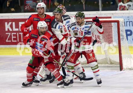 EBEL. Eishockey Bundesliga. KAC gegen	HCB Suedtirol Alperia. Thomas Koch, Adam Comrie (KAC), Michael Blunden, Anton Bernard (Bozen). Klagenfurt, am 17.3.2019.
Foto: Kuess

---
pressefotos, pressefotografie, kuess, qs, qspictures, sport, bild, bilder, bilddatenbank