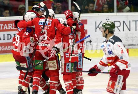 EBEL. Eishockey Bundesliga. KAC gegen	HCB Suedtirol Alperia. Torjubel Andrew Jacob Kozek, Mitch Wahl, David Joseph Fischer, Thomas Koch (KAC). Klagenfurt, am 17.3.2019.
Foto: Kuess

---
pressefotos, pressefotografie, kuess, qs, qspictures, sport, bild, bilder, bilddatenbank