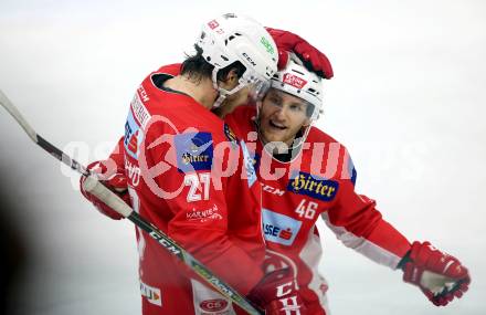 EBEL. Eishockey Bundesliga. KAC gegen	HCB Suedtirol Alperia. Torjubel Thomas Hundertpfund, Johannes Bischofberger (KAC). Klagenfurt, am 17.3.2019.
Foto: Kuess

---
pressefotos, pressefotografie, kuess, qs, qspictures, sport, bild, bilder, bilddatenbank