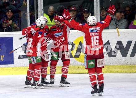 EBEL. Eishockey Bundesliga. KAC gegen	HCB Suedtirol Alperia. Torjubel Thomas Koch, Matthew Neal, Andrew Jacob Kozek (KAC). Klagenfurt, am 17.3.2019.
Foto: Kuess

---
pressefotos, pressefotografie, kuess, qs, qspictures, sport, bild, bilder, bilddatenbank