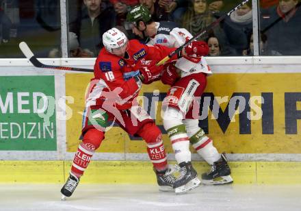 EBEL. Eishockey Bundesliga. KAC gegen	HCB Suedtirol Alperia. Patrick Harand (KAC), Michael Blunden (Bozen). Klagenfurt, am 17.3.2019.
Foto: Kuess

---
pressefotos, pressefotografie, kuess, qs, qspictures, sport, bild, bilder, bilddatenbank