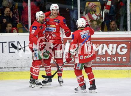 EBEL. Eishockey Bundesliga. KAC gegen	HCB Suedtirol Alperia. Torjubel Andrew Jacob Kozek, Adam Comrie, Thomas Koch (KAC). Klagenfurt, am 17.3.2019.
Foto: Kuess

---
pressefotos, pressefotografie, kuess, qs, qspictures, sport, bild, bilder, bilddatenbank