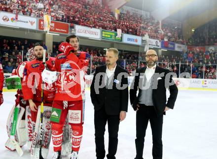 EBEL. Eishockey Bundesliga. KAC gegen	HCB Suedtirol Alperia. David Madlehner, Adam Comrie, Trainer Petri Mastikainen, Co-Trainer Jarno Mensonen (KAC). Klagenfurt, am 22.3.2019.
Foto: Kuess

---
pressefotos, pressefotografie, kuess, qs, qspictures, sport, bild, bilder, bilddatenbank