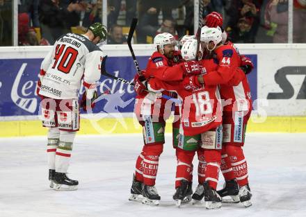 EBEL. Eishockey Bundesliga. KAC gegen	HCB Suedtirol Alperia. Torjubel Andrew Jacob Kozek, Thomas Koch, Adam Comrie (KAC). Klagenfurt, am 22.3.2019.
Foto: Kuess

---
pressefotos, pressefotografie, kuess, qs, qspictures, sport, bild, bilder, bilddatenbank