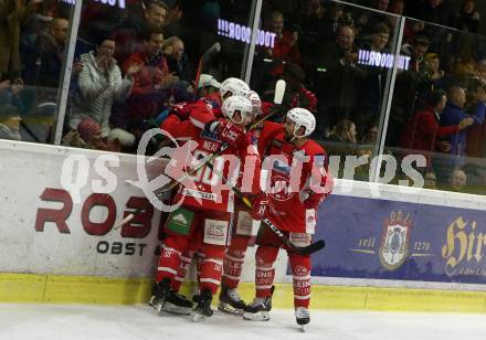 EBEL. Eishockey Bundesliga. KAC gegen	HCB Suedtirol Alperia. Torjubel David Joseph Fischer, Matthew Neal, Thomas Koch (KAC). Klagenfurt, am 22.3.2019.
Foto: Kuess

---
pressefotos, pressefotografie, kuess, qs, qspictures, sport, bild, bilder, bilddatenbank