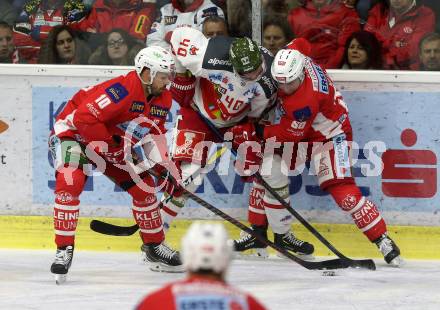 EBEL. Eishockey Bundesliga. KAC gegen	HCB Suedtirol Alperia. Andrew Jacob Kozek, Matthew Neal,  (KAC), Markus Nordlund (Bozen). Klagenfurt, am 22.3.2019.
Foto: Kuess

---
pressefotos, pressefotografie, kuess, qs, qspictures, sport, bild, bilder, bilddatenbank