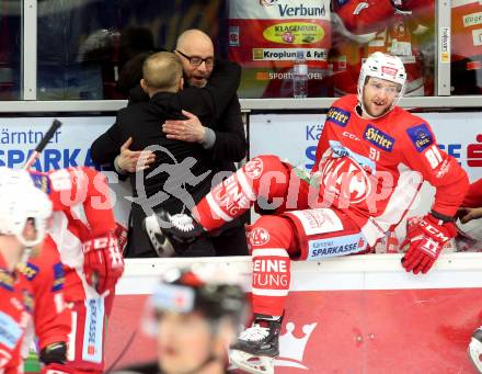 EBEL. Eishockey Bundesliga. KAC gegen	HCB Suedtirol Alperia. Jubel Trainer Petri Matikainen, Co-Trainer Jarno Mensonen (KAC). Klagenfurt, am 22.3.2019.
Foto: Kuess

---
pressefotos, pressefotografie, kuess, qs, qspictures, sport, bild, bilder, bilddatenbank