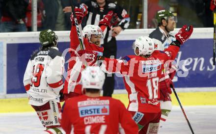 EBEL. Eishockey Bundesliga. KAC gegen	HCB Suedtirol Alperia. Torjubel Andrew Jacob Kozek, Thomas Koch, Adam Comrie (KAC). Klagenfurt, am 22.3.2019.
Foto: Kuess

---
pressefotos, pressefotografie, kuess, qs, qspictures, sport, bild, bilder, bilddatenbank