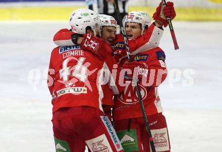 EBEL. Eishockey Bundesliga. KAC gegen	HCB Suedtirol Alperia. Torjubel Marcel Witting, Adam Comrie, Nikolaus Kraus (KAC). Klagenfurt, am 22.3.2019.
Foto: Kuess

---
pressefotos, pressefotografie, kuess, qs, qspictures, sport, bild, bilder, bilddatenbank