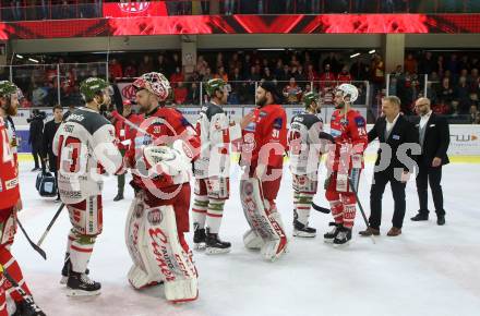 EBEL. Eishockey Bundesliga. KAC gegen	HCB Suedtirol Alperia.  Lars Haugen, David Madlehner, steven Strong, Trainer Petri Matikainen, Co-Trainer Jarno Mensonen (KAC). Klagenfurt, am 22.3.2019.
Foto: Kuess

---
pressefotos, pressefotografie, kuess, qs, qspictures, sport, bild, bilder, bilddatenbank