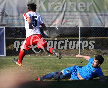 Fussball Kaerntner Liga. Woelfnitz gegen Bleiburg. Johannes Mederer,  (Woelfnitz), Senad Jahic (Bleiburg). Woelfnitz, am 23.3.2019.
Foto: Kuess
---
pressefotos, pressefotografie, kuess, qs, qspictures, sport, bild, bilder, bilddatenbank