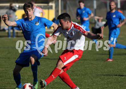 Fussball Kaerntner Liga. Woelfnitz gegen Bleiburg. Michael Schneider,  (Woelfnitz), Mathias Huber (Bleiburg). Woelfnitz, am 23.3.2019.
Foto: Kuess
---
pressefotos, pressefotografie, kuess, qs, qspictures, sport, bild, bilder, bilddatenbank