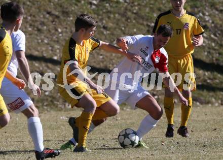 Fussball Kaerntner Liga. Maria Saal gegen KAC 1909.  Christopher Wadl, (Maria Saal), Maximilian Hubert Watscher  (KAC). Maria Saal, am 23.3.2019.
Foto: Kuess
---
pressefotos, pressefotografie, kuess, qs, qspictures, sport, bild, bilder, bilddatenbank