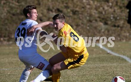 Fussball Kaerntner Liga. Maria Saal gegen KAC 1909. Marco Raunegger,  (Maria Saal), Maximilian Hubert Watscher (KAC). Maria Saal, am 23.3.2019.
Foto: Kuess
---
pressefotos, pressefotografie, kuess, qs, qspictures, sport, bild, bilder, bilddatenbank