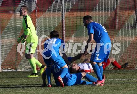 Fussball Kaerntner Liga. Woelfnitz gegen Bleiburg.  Torjubel Dejan Geric, Raphael Lukas Kulterer, Adnan Besic (Bleiburg). Woelfnitz, am 23.3.2019.
Foto: Kuess
---
pressefotos, pressefotografie, kuess, qs, qspictures, sport, bild, bilder, bilddatenbank