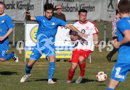 Fussball Kaerntner Liga. Woelfnitz gegen Bleiburg. Michael Schneider,  (Woelfnitz), Senad Jahic (Bleiburg). Woelfnitz, am 23.3.2019.
Foto: Kuess
---
pressefotos, pressefotografie, kuess, qs, qspictures, sport, bild, bilder, bilddatenbank