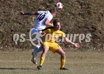 Fussball Kaerntner Liga. Maria Saal gegen KAC 1909.  Kevin Puschl Schliefnig,  (Maria Saal), Lukas Lausegger (KAC). Maria Saal, am 23.3.2019.
Foto: Kuess
---
pressefotos, pressefotografie, kuess, qs, qspictures, sport, bild, bilder, bilddatenbank