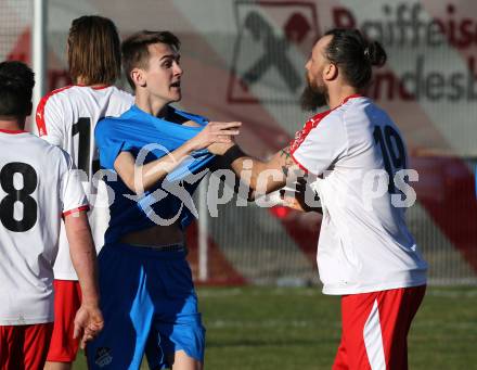 Fussball Kaerntner Liga. Woelfnitz gegen Bleiburg.  Mattias Sereinig, (Woelfnitz), Mathias Robert Knauder  (Bleiburg). Woelfnitz, am 23.3.2019.
Foto: Kuess
---
pressefotos, pressefotografie, kuess, qs, qspictures, sport, bild, bilder, bilddatenbank