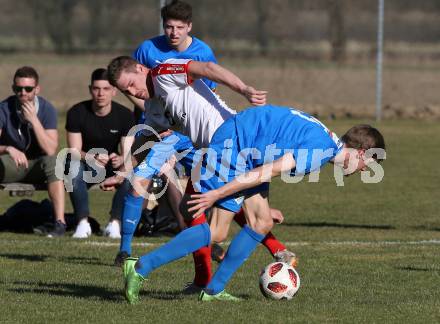 Fussball Kaerntner Liga. Woelfnitz gegen Bleiburg. Daniel Wernig,  (Woelfnitz), Mathias Huber (Bleiburg). Woelfnitz, am 23.3.2019.
Foto: Kuess
---
pressefotos, pressefotografie, kuess, qs, qspictures, sport, bild, bilder, bilddatenbank