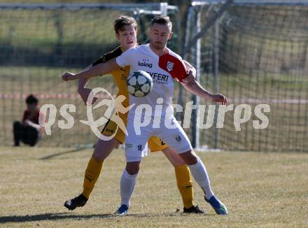 Fussball Kaerntner Liga. Maria Saal gegen KAC 1909. Christof Reichmann, (Maria Saal), Hannes Plieschnegger  (KAC). Maria Saal, am 23.3.2019.
Foto: Kuess
---
pressefotos, pressefotografie, kuess, qs, qspictures, sport, bild, bilder, bilddatenbank