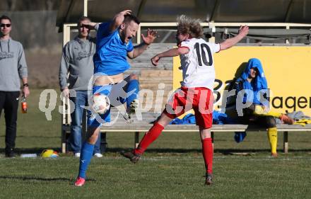 Fussball Kaerntner Liga. Woelfnitz gegen Bleiburg. David Tamegger, (Woelfnitz),  Adnan Besic  (Bleiburg). Woelfnitz, am 23.3.2019.
Foto: Kuess
---
pressefotos, pressefotografie, kuess, qs, qspictures, sport, bild, bilder, bilddatenbank