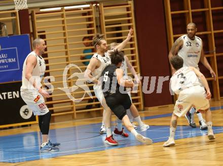Basketball 2. Bundesliga. Play-Offs 2. Runde. Woerthersee Piraten gegen BK Mattersburg Rocks.  Sebastian Schaal (Woerthersee Piraten), Corey Hallett, Maximilan Huebner, Gary Ware, Jan Nicoli (Mattersburg). Klagenfurt, am 29.3.2019.
Foto: Kuess
---
pressefotos, pressefotografie, kuess, qs, qspictures, sport, bild, bilder, bilddatenbank