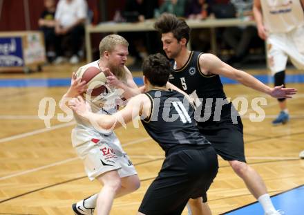 Basketball 2. Bundesliga. Play-Offs 2. Runde. Woerthersee Piraten gegen BK Mattersburg Rocks. Andreas Nuck, Sebastian Schaal  (Woerthersee Piraten), Claudio Vancura (Mattersburg). Klagenfurt, am 29.3.2019.
Foto: Kuess
---
pressefotos, pressefotografie, kuess, qs, qspictures, sport, bild, bilder, bilddatenbank