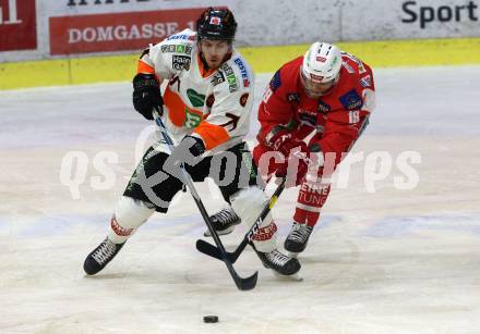 EBEL. Eishockey Bundesliga. KAC gegen	Moser Medical Graz99ers. Stefan Geier,  (KAC), Erik Kirchschlaeger (Graz). Klagenfurt, am 31.3.2019.
Foto: Kuess

---
pressefotos, pressefotografie, kuess, qs, qspictures, sport, bild, bilder, bilddatenbank