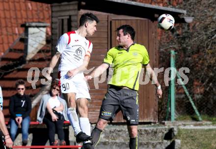 Fussball. Kaerntner Liga. ATUS Ferlach gegen Lind. Lukas Jaklitsch,   (Ferlach),  Eduard Ebner (Lind). Ferlach, am 30.3.2019.
Foto: Kuess
---
pressefotos, pressefotografie, kuess, qs, qspictures, sport, bild, bilder, bilddatenbank