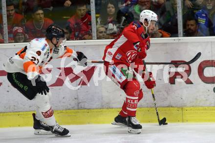 EBEL. Eishockey Bundesliga. KAC gegen	Moser Medical Graz99ers. Adam Comrie,  (KAC), Ty Loney (Graz). Klagenfurt, am 31.3.2019.
Foto: Kuess

---
pressefotos, pressefotografie, kuess, qs, qspictures, sport, bild, bilder, bilddatenbank