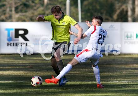 Fussball. Kaerntner Liga. ATUS Ferlach gegen Lind. Daniel Jobst, (Ferlach),  Daniel Ebner  (Lind). Ferlach, am 30.3.2019.
Foto: Kuess
---
pressefotos, pressefotografie, kuess, qs, qspictures, sport, bild, bilder, bilddatenbank