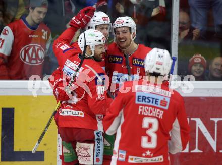 EBEL. Eishockey Bundesliga. KAC gegen	Moser Medical Graz99ers. Torjubel Adam Comrie, Andrew Jacob Kozek, Nicholas Erik Petersen, David Joseph Fischer (KAC). Klagenfurt, am 31.3.2019.
Foto: Kuess

---
pressefotos, pressefotografie, kuess, qs, qspictures, sport, bild, bilder, bilddatenbank