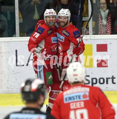 EBEL. Eishockey Bundesliga. KAC gegen	Moser Medical Graz99ers. Torjubel Mitch Wahl, Steven Strong (KAC). Klagenfurt, am 31.3.2019.
Foto: Kuess

---
pressefotos, pressefotografie, kuess, qs, qspictures, sport, bild, bilder, bilddatenbank