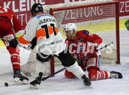 EBEL. Eishockey Bundesliga. KAC gegen	Moser Medical Graz99ers. Mitch Wahl,  (KAC), Travis Oleksuk (Graz). Klagenfurt, am 31.3.2019.
Foto: Kuess

---
pressefotos, pressefotografie, kuess, qs, qspictures, sport, bild, bilder, bilddatenbank