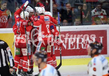 EBEL. Eishockey Bundesliga. KAC gegen	Moser Medical Graz99ers. Torjubel Adam Comrie, Andrew Jacob Kozek, Nicholas Erik Petersen, David Joseph Fischer, Thomas Koch (KAC). Klagenfurt, am 31.3.2019.
Foto: Kuess

---
pressefotos, pressefotografie, kuess, qs, qspictures, sport, bild, bilder, bilddatenbank