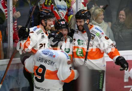 EBEL. Eishockey Bundesliga. KAC gegen	Moser Medical Graz99ers. Torjubel Colton Jaret Yellow Horn, Ty Loney, Dwight King, Matt Garbowski  (Graz). Klagenfurt, am 31.3.2019.
Foto: Kuess

---
pressefotos, pressefotografie, kuess, qs, qspictures, sport, bild, bilder, bilddatenbank