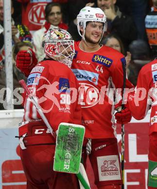 EBEL. Eishockey Bundesliga. KAC gegen	Moser Medical Graz99ers. Lars Haugen, Adam Comrie (KAC). Klagenfurt, am 31.3.2019.
Foto: Kuess

---
pressefotos, pressefotografie, kuess, qs, qspictures, sport, bild, bilder, bilddatenbank