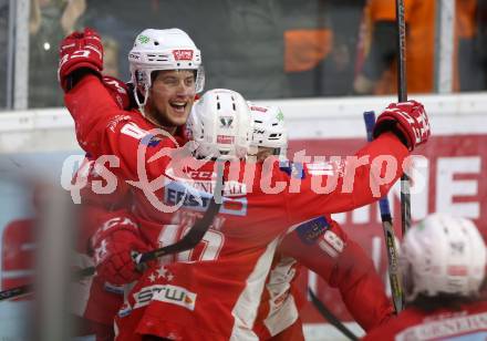 EBEL. Eishockey Bundesliga. KAC gegen	Moser Medical Graz99ers. Torjubel Adam Comrie, Thomas Koch, Andrew Jacob Kozek (KAC). Klagenfurt, am 31.3.2019.
Foto: Kuess

---
pressefotos, pressefotografie, kuess, qs, qspictures, sport, bild, bilder, bilddatenbank