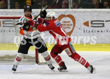 EBEL. Eishockey Bundesliga. KAC gegen	Moser Medical Graz99ers. Thomas Koch,  (KAC), Karl Johansson (Graz). Klagenfurt, am 31.3.2019.
Foto: Kuess

---
pressefotos, pressefotografie, kuess, qs, qspictures, sport, bild, bilder, bilddatenbank