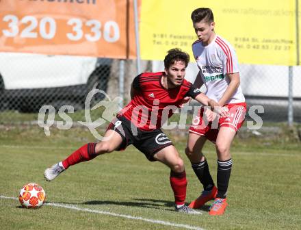 Fussball Kaerntner Liga. St. Jakob/Ros. gegen St. Michael/Bl.. Christoph Omann (St.Jakob), Samuel Markus Hoffmann  (St.Michael). St. Jakob, am 30.3.2019.
Foto: Kuess
---
pressefotos, pressefotografie, kuess, qs, qspictures, sport, bild, bilder, bilddatenbank