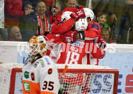EBEL. Eishockey Bundesliga. KAC gegen	Moser Medical Graz99ers. Torjubel Andrew Jacob Kozek, Matthew Neal, Thomas Koch, David Joseph Fischer (KAC). Klagenfurt, am 5.4.2019.
Foto: Kuess

---
pressefotos, pressefotografie, kuess, qs, qspictures, sport, bild, bilder, bilddatenbank