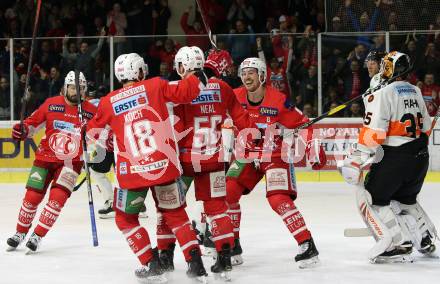 EBEL. Eishockey Bundesliga. KAC gegen	Moser Medical Graz99ers. Torjubel  Thomas Koch, Nicholas Eric Petersen, Andrew Jacob Kozek, Matthew Neal (KAC). Klagenfurt, am 5.4.2019.
Foto: Kuess

---
pressefotos, pressefotografie, kuess, qs, qspictures, sport, bild, bilder, bilddatenbank