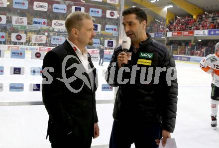 EBEL. Eishockey Bundesliga. KAC gegen	Moser Medical Graz99ers. Trainer Petri Matikainen, Gert Prohaska (KAC). Klagenfurt, am 5.4.2019.
Foto: Kuess

---
pressefotos, pressefotografie, kuess, qs, qspictures, sport, bild, bilder, bilddatenbank