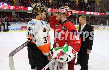 EBEL. Eishockey Bundesliga. KAC gegen	Moser Medical Graz99ers. Lars Haugen,  (KAC), Robin Rahm (Graz). Klagenfurt, am 5.4.2019.
Foto: Kuess

---
pressefotos, pressefotografie, kuess, qs, qspictures, sport, bild, bilder, bilddatenbank