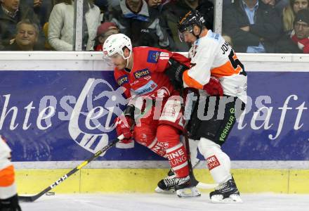 EBEL. Eishockey Bundesliga. KAC gegen	Moser Medical Graz99ers. Stefan Geier,  (KAC), Karl Johansson (Graz). Klagenfurt, am 5.4.2019.
Foto: Kuess

---
pressefotos, pressefotografie, kuess, qs, qspictures, sport, bild, bilder, bilddatenbank