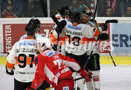 EBEL. Eishockey Bundesliga. KAC gegen	Moser Medical Graz99ers.  Torjubel Daniel Oberkofler, Ken Ograjensek  (Graz). Klagenfurt, am 5.4.2019.
Foto: Kuess

---
pressefotos, pressefotografie, kuess, qs, qspictures, sport, bild, bilder, bilddatenbank