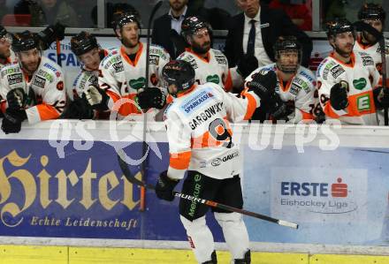 EBEL. Eishockey Bundesliga. KAC gegen	Moser Medical Graz99ers.  Torjubel Matt Garbowski  (Graz). Klagenfurt, am 5.4.2019.
Foto: Kuess

---
pressefotos, pressefotografie, kuess, qs, qspictures, sport, bild, bilder, bilddatenbank